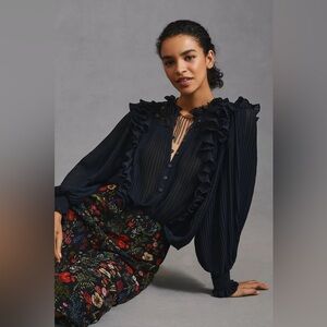 Anthropologie Pleated Ruffled Blouse Black Top Size S